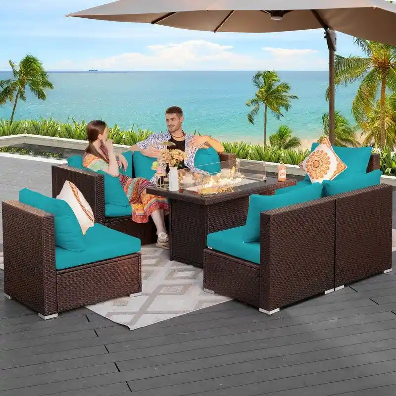 FINCATI Salon de Jardin Extérieur 7 Pièces Extra Large à Dossier Haut avec Table de Foyer au Gaz Propane, Ensemble de Canapés en Rotin pour Conversation