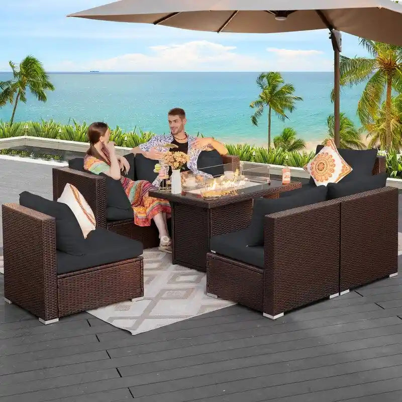 FINCATI Salon de Jardin Extérieur 7 Pièces Extra Large à Dossier Haut avec Table de Foyer au Gaz Propane, Ensemble de Canapés en Rotin pour Conversation