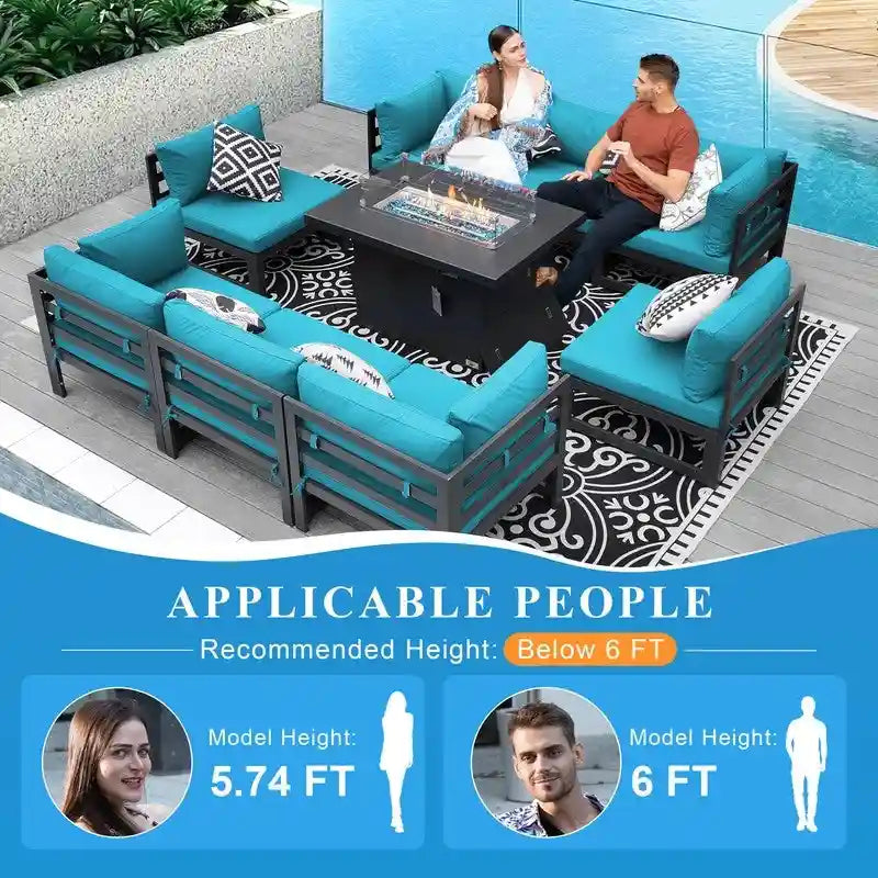 Ensemble de meubles de patio en aluminium de luxe surdimensionnés FINCATI 9 pièces avec sièges profonds et table de foyer convertible 43
