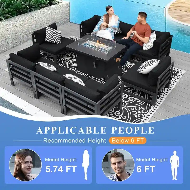 Ensemble de meubles de patio en aluminium de luxe surdimensionnés FINCATI 9 pièces avec sièges profonds et table de foyer convertible 43