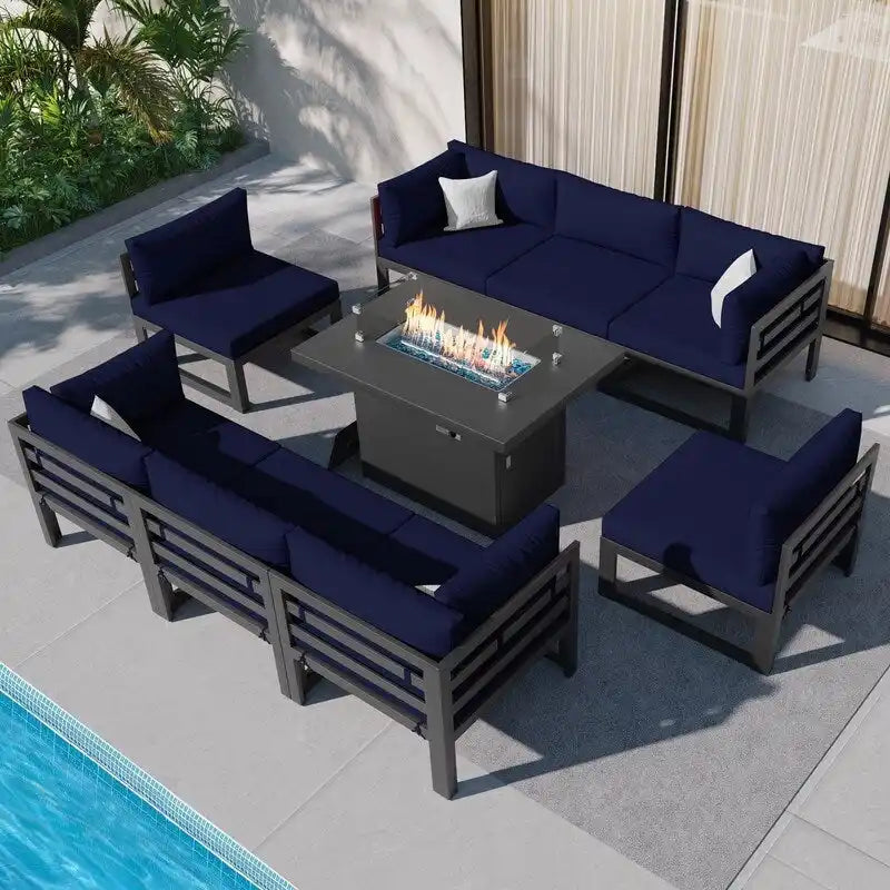 Ensemble de meubles de patio en aluminium de luxe surdimensionnés FINCATI 9 pièces avec sièges profonds et table de foyer convertible 43