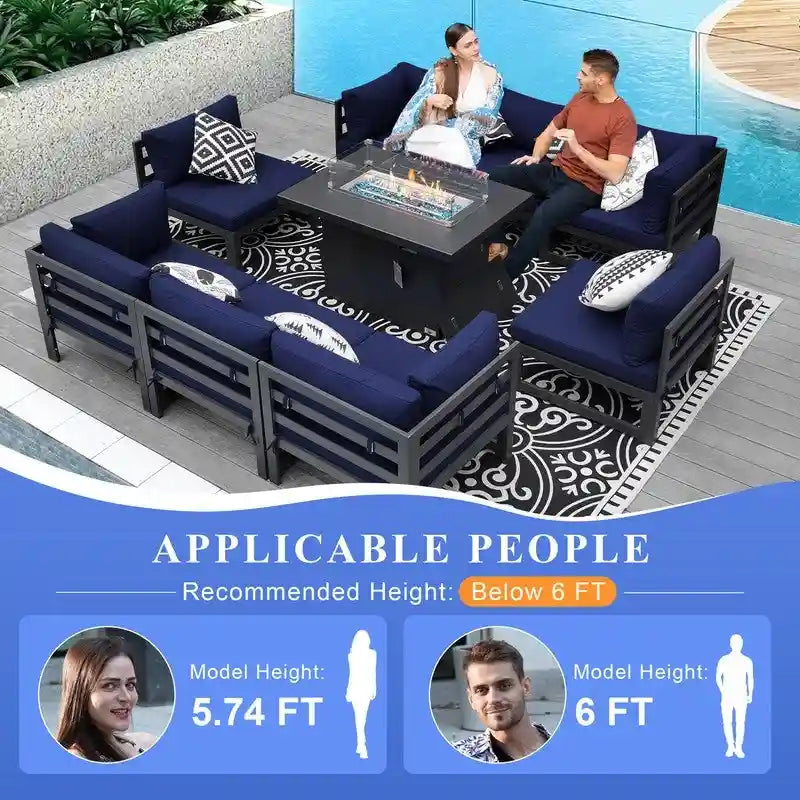 Ensemble de meubles de patio en aluminium de luxe surdimensionnés FINCATI 9 pièces avec sièges profonds et table de foyer convertible 43