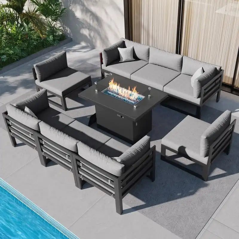 Ensemble de meubles de patio en aluminium de luxe surdimensionnés FINCATI 9 pièces avec sièges profonds et table de foyer convertible 43
