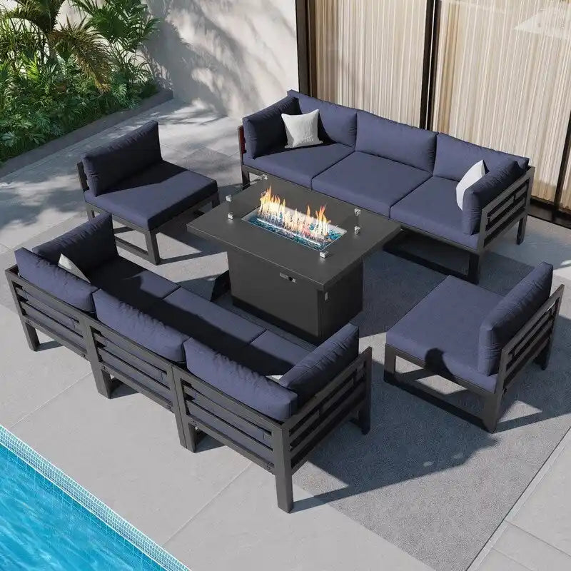 Ensemble de meubles de patio en aluminium de luxe surdimensionnés FINCATI 9 pièces avec sièges profonds et table de foyer convertible 43
