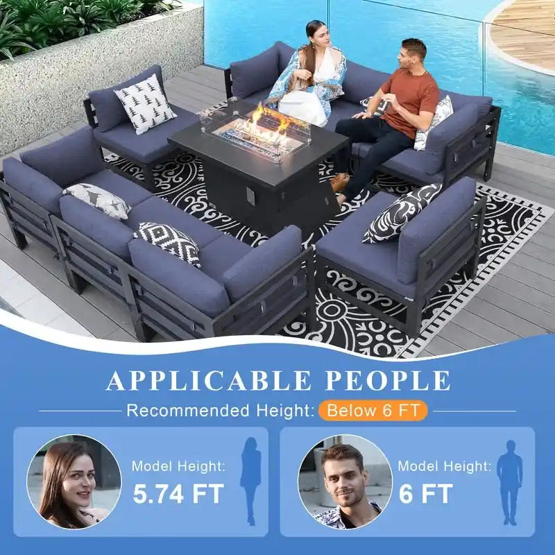 Ensemble de meubles de patio en aluminium de luxe surdimensionnés FINCATI 9 pièces avec sièges profonds et table de foyer convertible 43