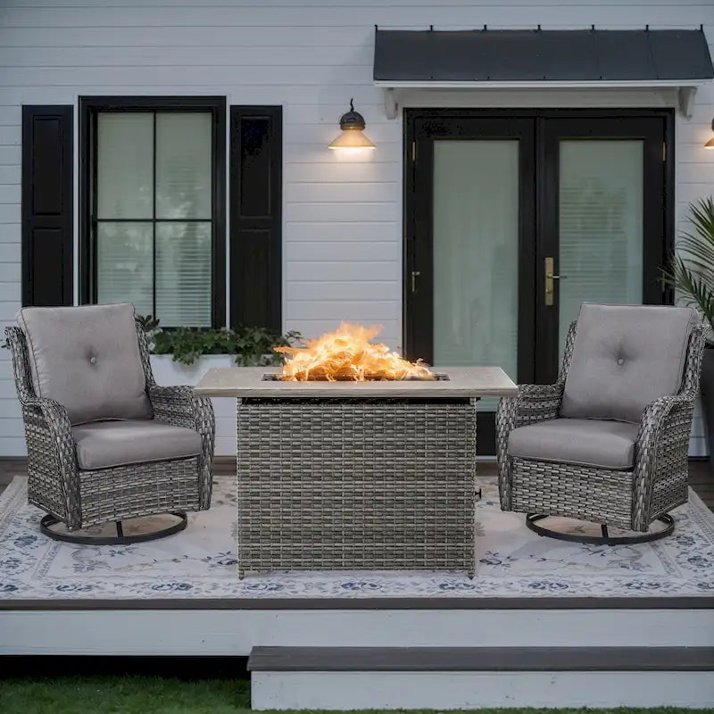 Chaise pivotante d'extérieur en rotin avec table brasero - Grise