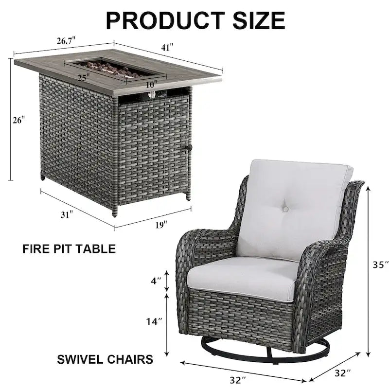 Chaise pivotante d'extérieur en rotin avec table brasero - Grise