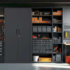 Armoire de rangement de garage en métal 72H, armoire de rangement noire en acier avec portes et 4 étagères