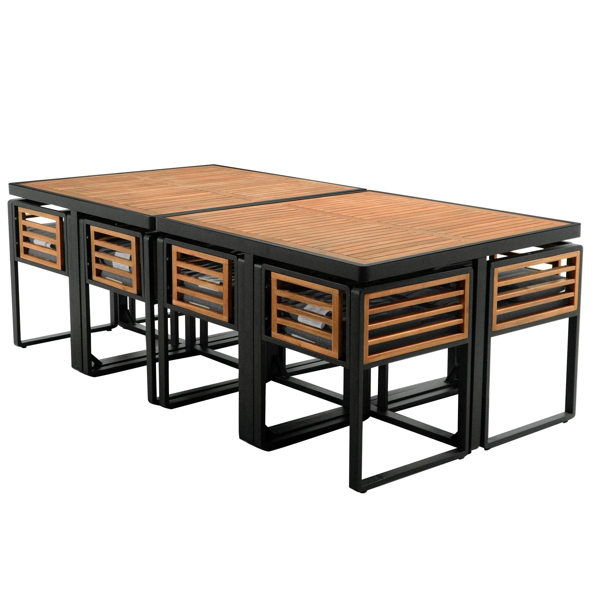 Ensemble de salle à manger d'extérieur 18 pièces en bois d'acacia, 8 chaises rembourrées, 8 poufs et 2 tables carrées