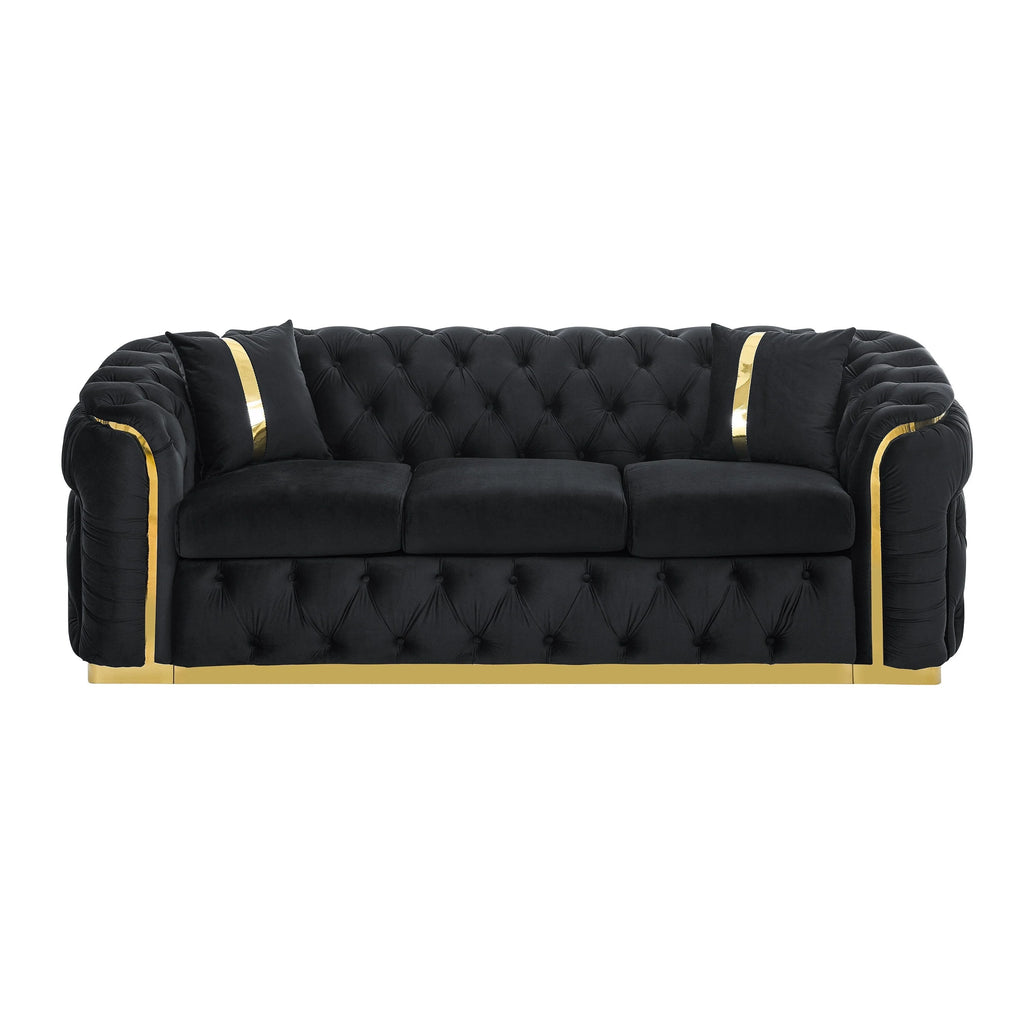 Canapé 3 places Velvet 90,6 po avec 2 oreillers, coussins haute densité, accents dorés et oreillers